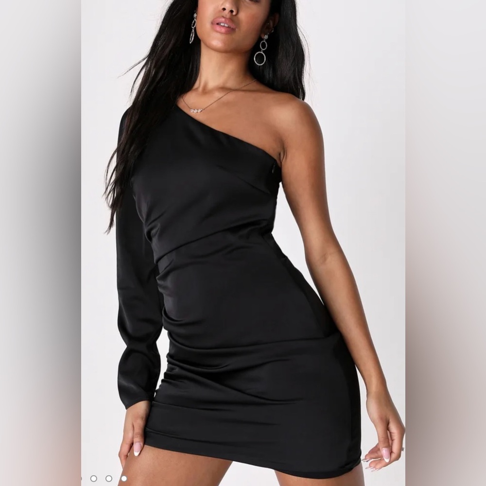Lulu’s Black Satin Ruched One Shoulder Mini Dress in Black